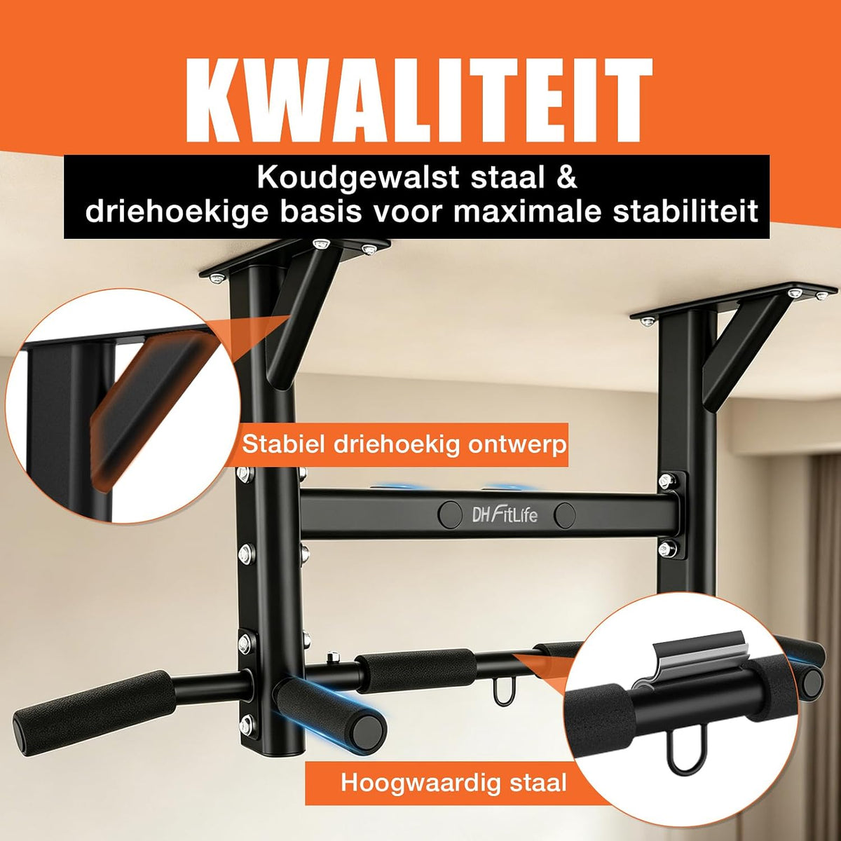 DH FitLife Decken-Klimmzugstange 4-in-1 – 8 Griffe – bis zu 300 kg – 44,5 x 25,5 cm – Schwarz