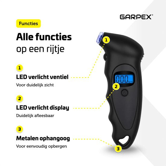 Garpex® Reifendruckmesser - Reifendruckmesser - Eingebaute Taschenlampe - Digital - Druckmesser