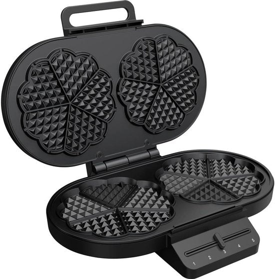 Princess 132384 Doppel-Waffeleisen – 10 herzförmige Waffeln – 1200 W – Einstellbarer Thermostat – 5 Stufen – Antihaftbeschichtung – PFAS-frei – Schwarz – Gaufrier