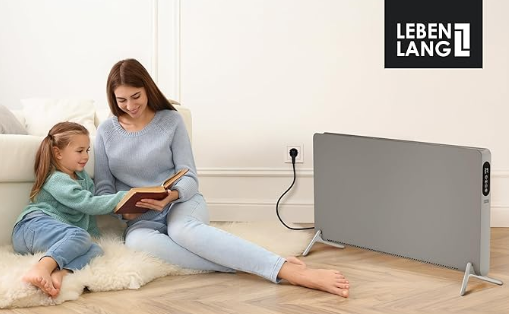 LIFETIME Elektroheizgerät - 3 Heizstufen, WiFi & App-Steuerung - 2000W - 94,5 x 50,5 x 12,5 cm - Grau