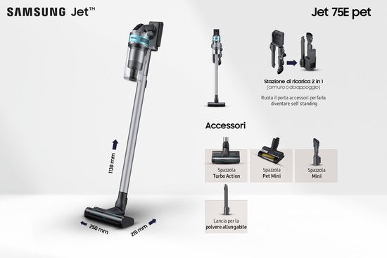 Samsung Jet 75E - 200W - Stabstaubsauger - mit Haustier-Werkzeug - VS20B75AGR1