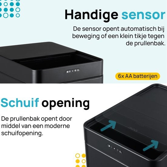MOA Sensor-Abfalleimer - 50 Liter - Edelstahl & langlebiges ABS - Rutschfest - Geräuschloser Deckel - Schließverzögerung - Schwarz - SB50VB