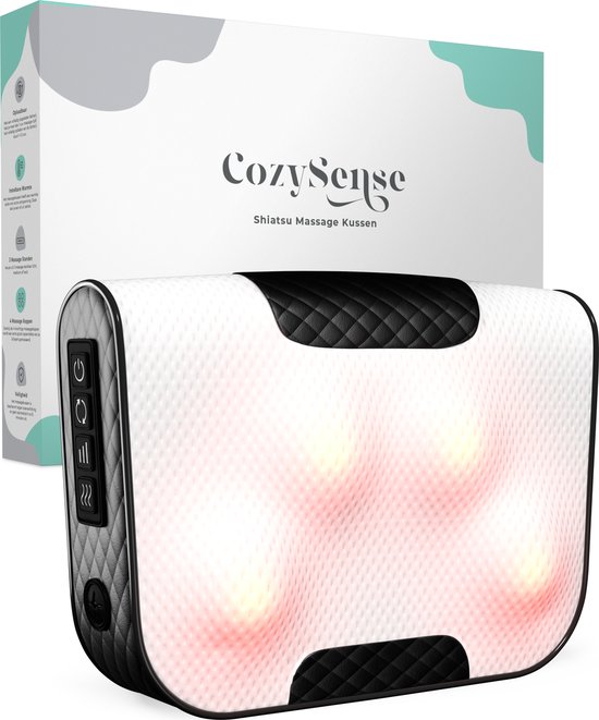 CozySense® Shiatsu-Massagekissen - Elektrisches & kabelloses Massagegerät für Nacken und Rücken - Wärmefunktion - Wiederaufladbar - Ergonomisch - Weiß