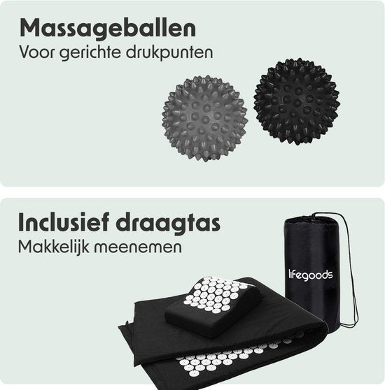 LifeGoods Akupressurmatte XL - mit Kissen - Shakti-Matte - Nagelmatte inkl. 2x Triggerpunktball - 128x48x2cm - Schwarz/Weiß