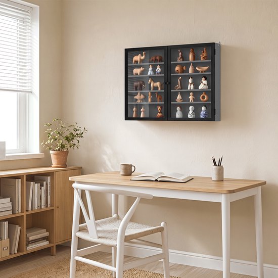 SoBuy Wandvitrine – 4 verstellbare Einlegeböden – Glastüren – 80 x 12,2 x 60 cm – Schwarz/Grau