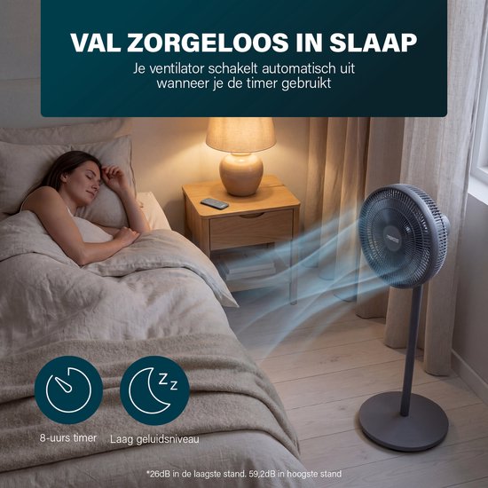 Princess DC Standventilator – besonders leise – ⌀44 cm – 12 Geschwindigkeitsstufen – Schwenkfunktion – Timer 1–8 Stunden – mit Fernbedienung – 30 W – grau – 354822