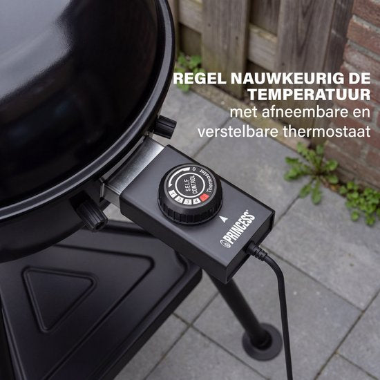 Princess Hybrid Kugelgrill – Elektro- und Holzkohlegrill – 2000 W – Verstellbarer, abnehmbarer Thermostat – Beschichteter Grillrost – Deckel mit integriertem Thermometer – 112270
