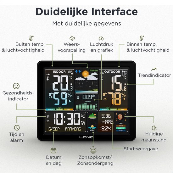 LONQ - Innen- und Außenwetterstation Q5 - Inkl. Batterien - Funkwetterstation mit Außensensor - Thermometer Hygrometer - Farbdisplay - DCF-gesteuerte Uhr - Schwarz