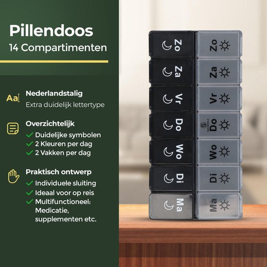 Gandria Pillenbox 7 Tage - Pillenbox - Pillenbox mit 14 Fächern - Medizinbox mit stabilem Verschluss - große Fächer - Schwarz