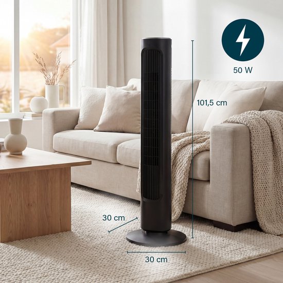 Princess DC Turmventilator 101 cm – Besonders leise – 12 Geschwindigkeitsstufen – Schwenkfunktion – Timer 1–8 Stunden – Mit Fernbedienung – Standventilator – 50 W – Schwarz – 352390