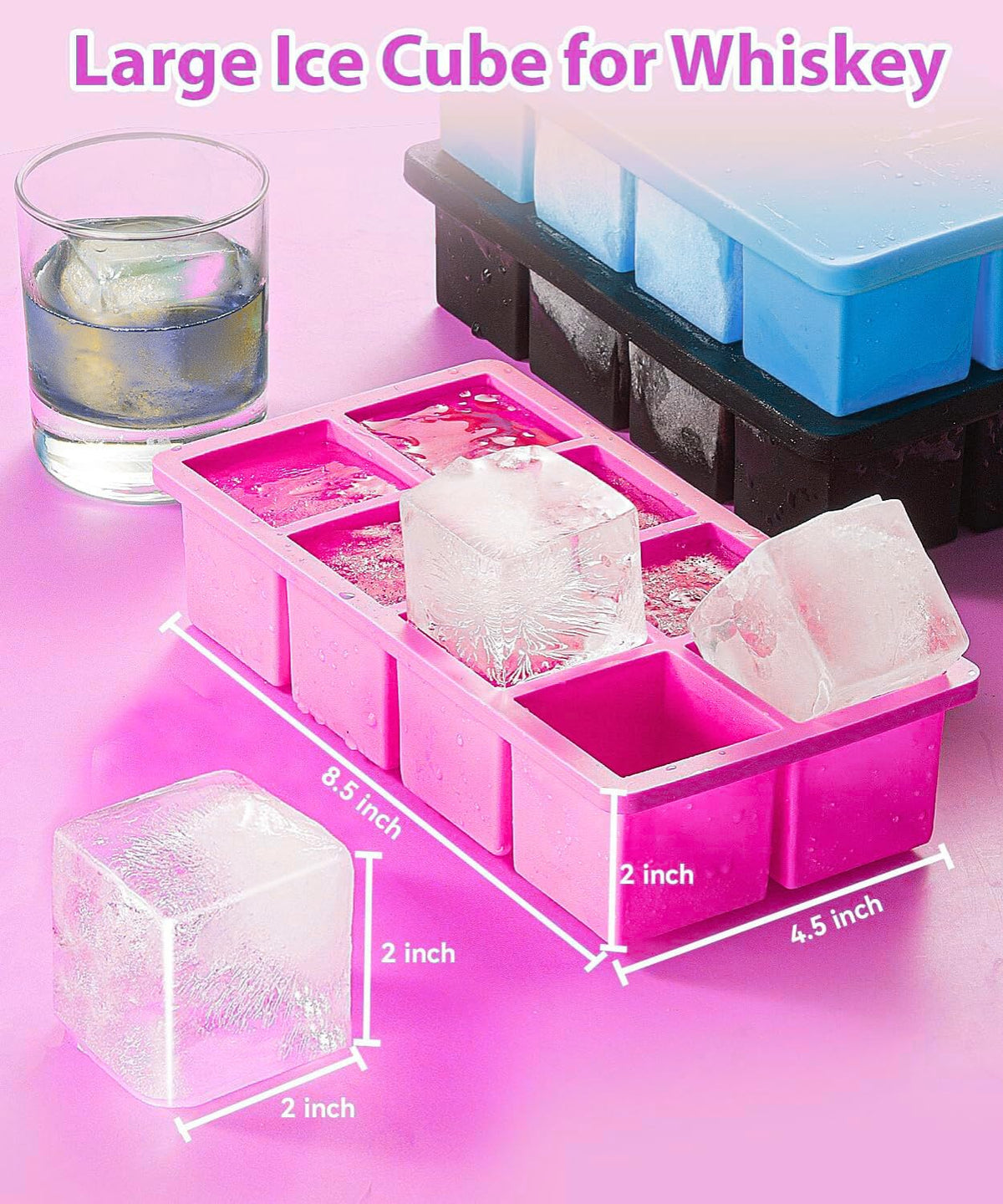 Lxndaser Eiswürfelform, groß, mit Deckel, 2er-Set – 16 quadratische Eiswürfel à 4,6 cm – auslaufsicher und stapelbar – Dunkelrosa und Hellrosa