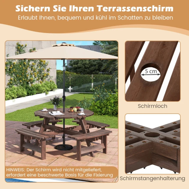 Coast Picknicktisch-Set – 166,5 × 166,5 × 76 cm – für 8 Personen – Holz – Sonnenschirmloch – Braun
