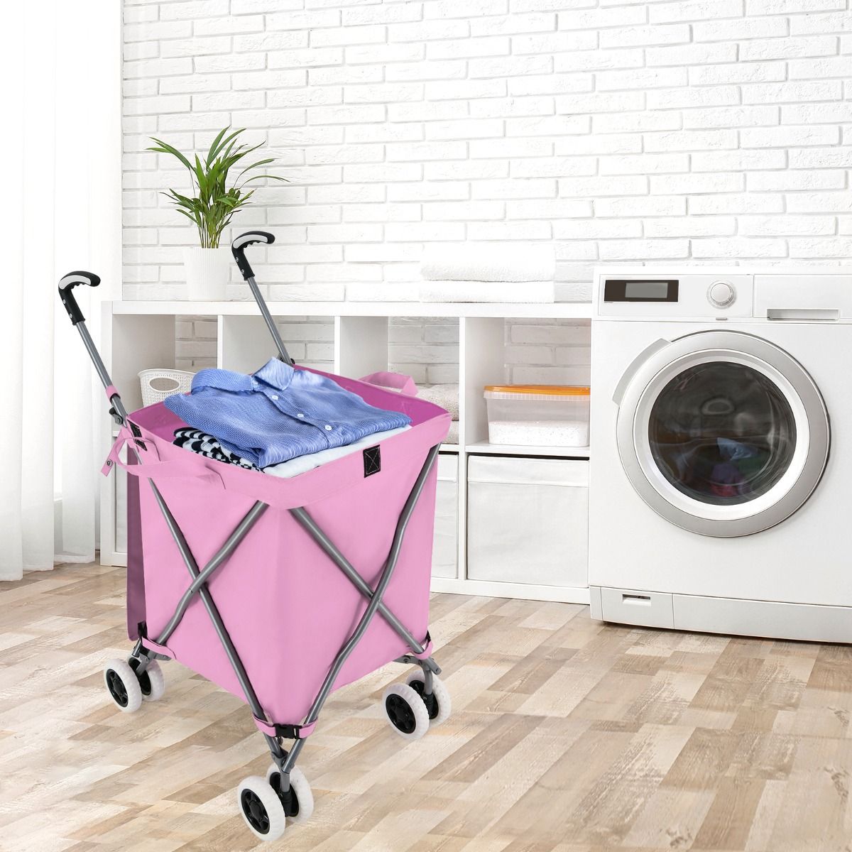 Coast Zusammenklappbarer Einkaufswagen mit Rädern – Handwagen 90 l – Zusammenklappbarer Einkaufswagen – 66 x 46 x 94,5 cm – Rosa