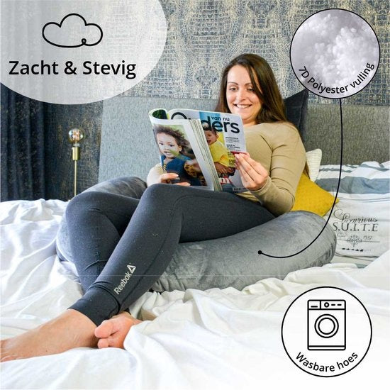 Ella Life Schwangerschaftskissen XXL - J-förmig - 155cm - Mit Bezug - Grau