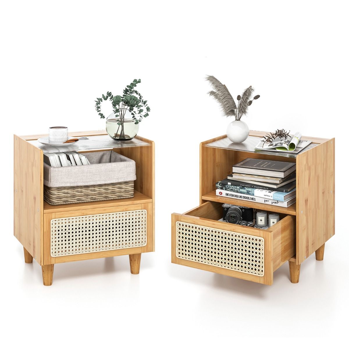 Coast Nachttisch-Set, 2er-Set – Bambus und Rattan – Schublade und offenes Fach – naturfarben, 43 x 35 x 50 cm