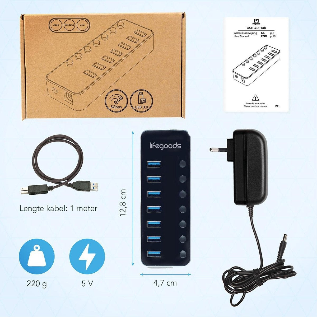 Auronic USB Hub 3.0 - USB Splitter mit 7 Ports - mit Netzteil - 5 GBPs - Led-Anzeige - Schwarz