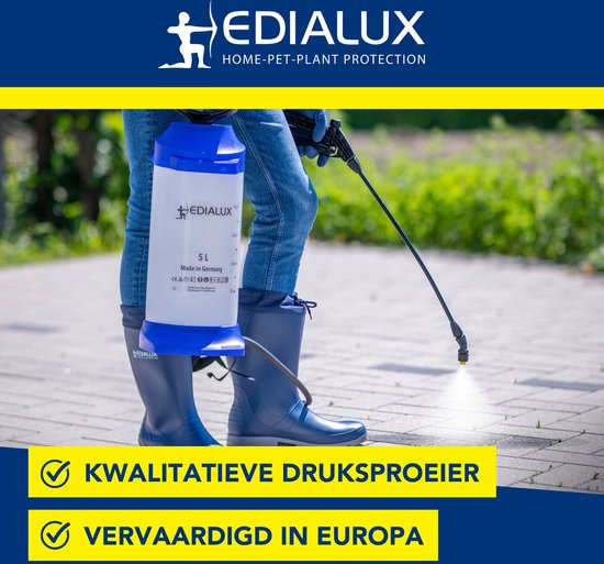 Edialux Coral 5-Liter-Drucksprühgerät, Drucksprühgerät für Reinigungs-, Desinfektions- und Gartenarbeiten, geeignet für Bleichmittel, Reinigungsessig, Herbizide, braune Seife, Soda, austauschbare Teile