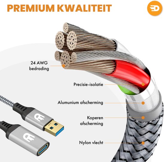 Drivv. Premium USB-Verlängerungskabel 3.0 – Stecker auf Buchse – USB-Datenkabel – Schnelle Datenübertragung – 5 Gbit/s – Nylon – 3 Meter – Grau