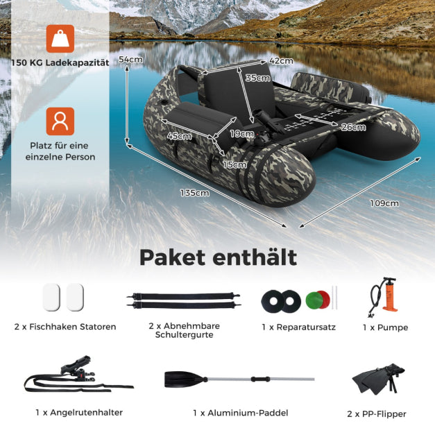 Coast Aufblasbares Fischerboot - Verstellbare Rutenhalter & Rückenlehne - 2 Hakenhalter - 135 x 109 x 54 cm - Camouflage