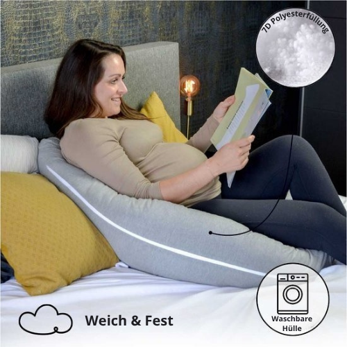 EL-Life Schwangerschaftskissen XXL - J-Shape - 155cm - abnehmbarer Jersey-Baumwollbezug - Hellgrau
