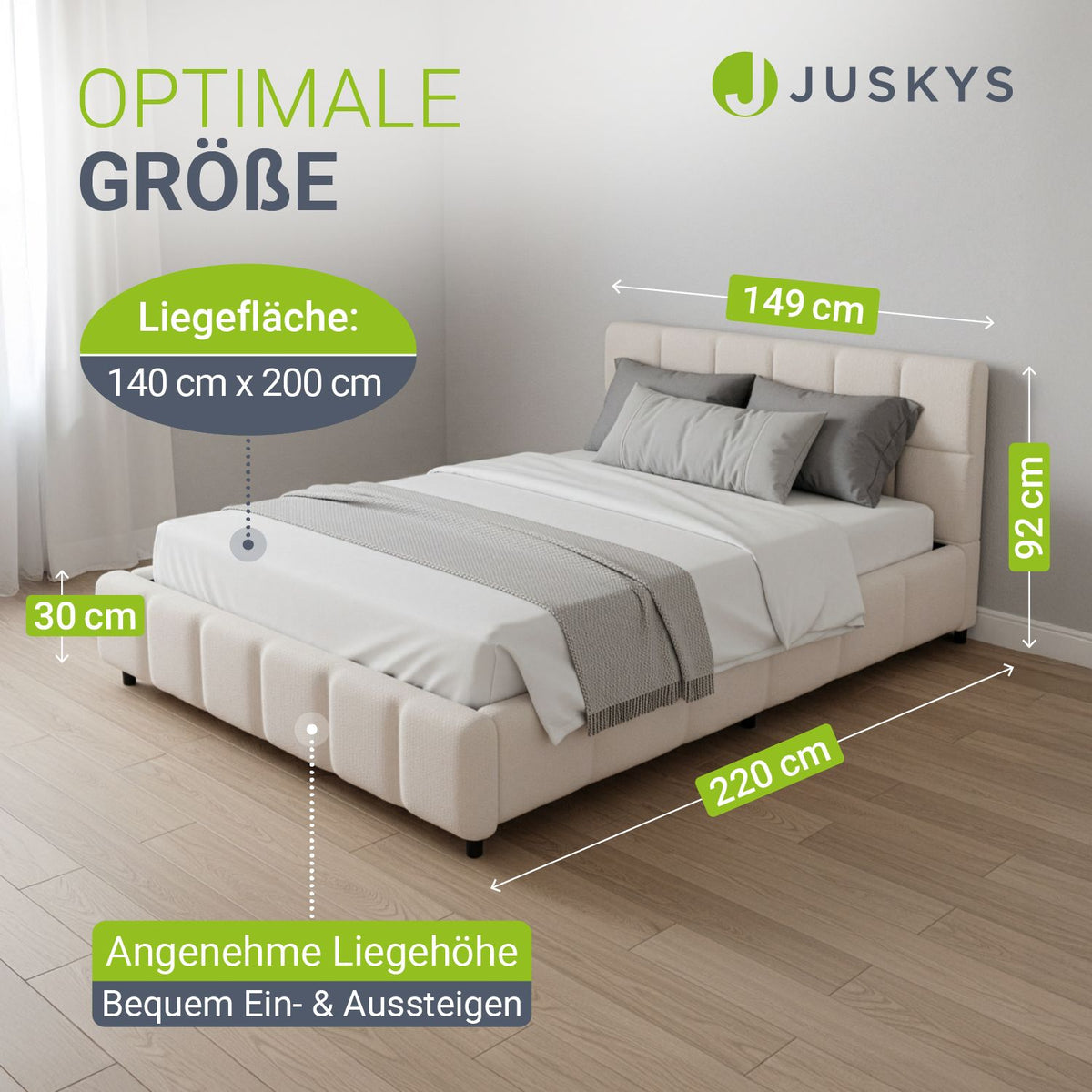 Juskys Polsterbett „Florence“ – 140 x 200 cm – Bouclé, cremefarben – mit Kopfteil und Lattenrost