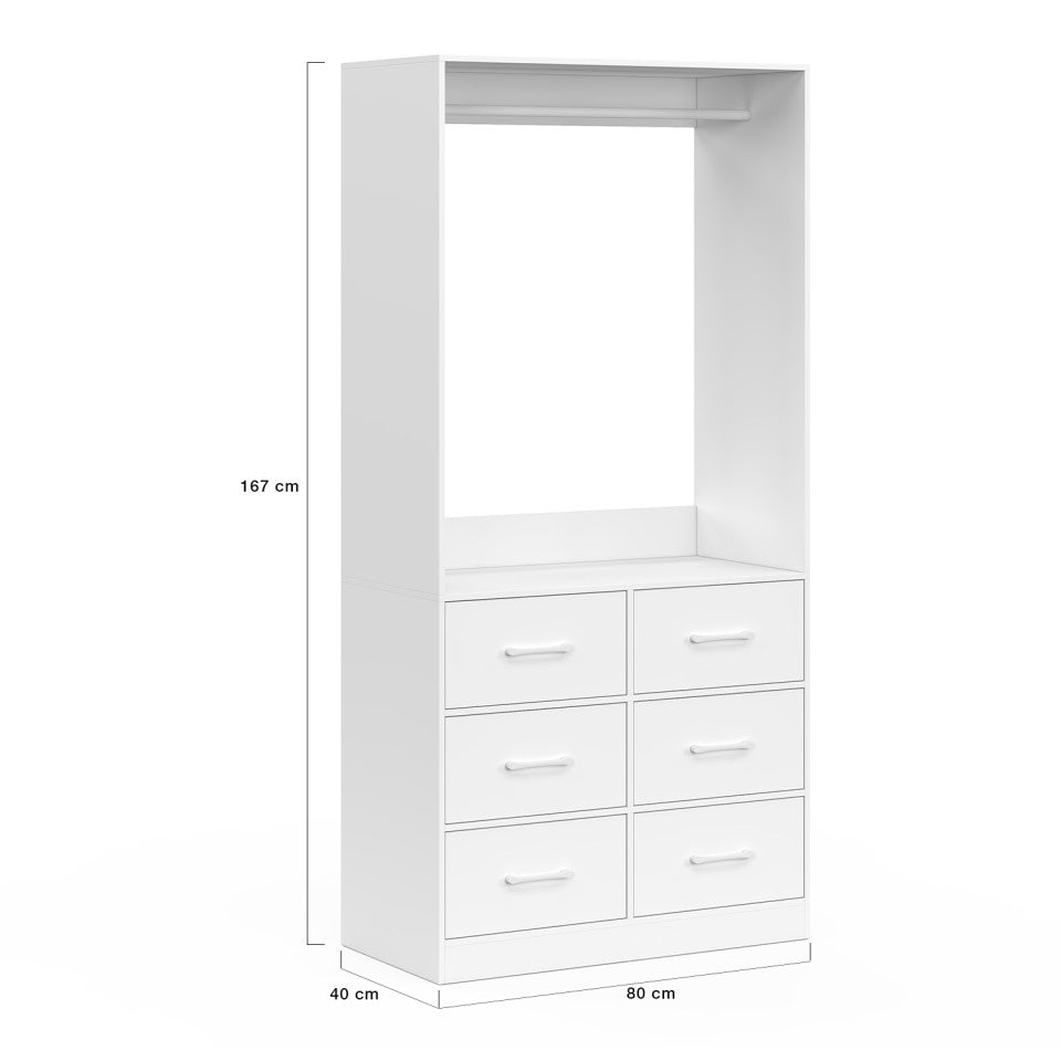 Uma Kleiderschrank, weiß – 80 x 40 x 167 cm – mit Kleiderstange und 6 Schubladen