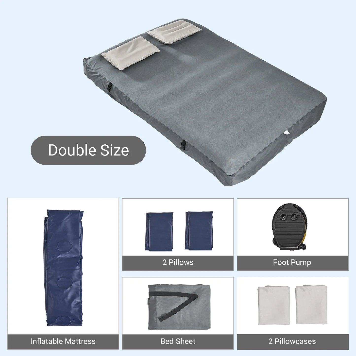 SoBuy OGS32-II-L-HG-P01 Aufblasbare 2-Personen-Campingmatratze, grau – mit Kissen, Spannbetttuch und Pumpe, 191 × 137 cm