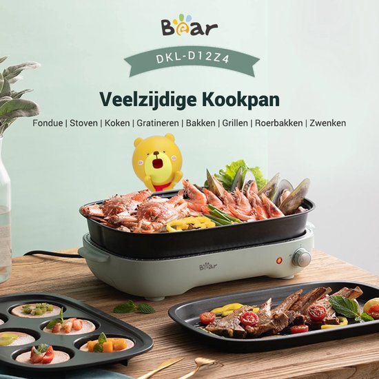 Bear Elektrischer Grill & Hot Pot 2-in-1 – 4 l – 1200–1400 W – frei einstellbare Temperatur (0–230 °C) – abnehmbare Grillplatte und Pfanne