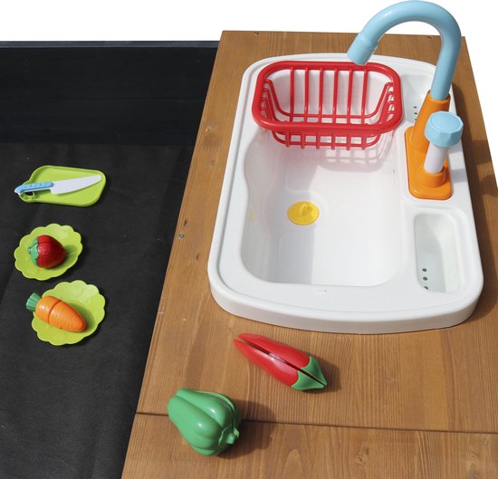 AXI Kelly Sandkasten mit Spielküche Anthrazit/Braun – Waschbecken inkl. 17-teiligem Zubehörset – Inklusive Abdeckplane und Bodenplane