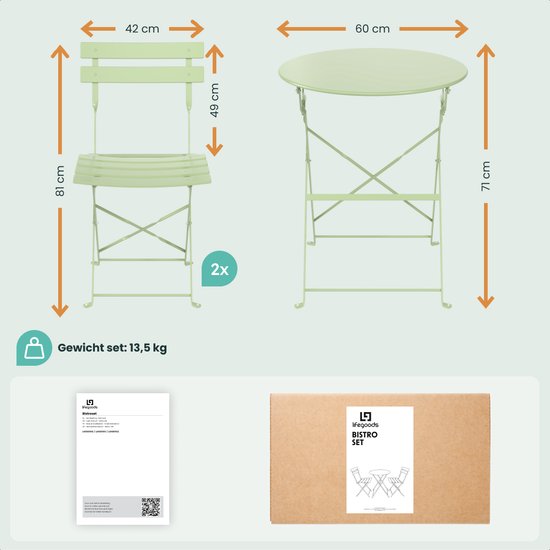 LifeGoods Bistro-Set - Stahl - 3-teilig - Gartenset - klappbar - Balkonset mit Tisch - wetterfest - mintgrün