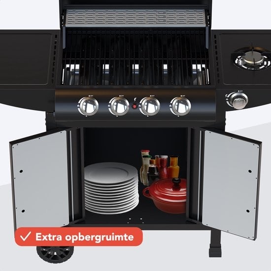 KitchenBrothers Gasgrill - mit Seitenbrenner - 5 Brenner - Mit Gasanschluss - 42x57cm Grillfläche - Schwarz