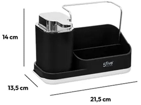 5Five Seifenspender mit Organizer für die Küchenzeile – schwarz – 3 Fächer – Kunststoff – 22 x 13 x 14 cm