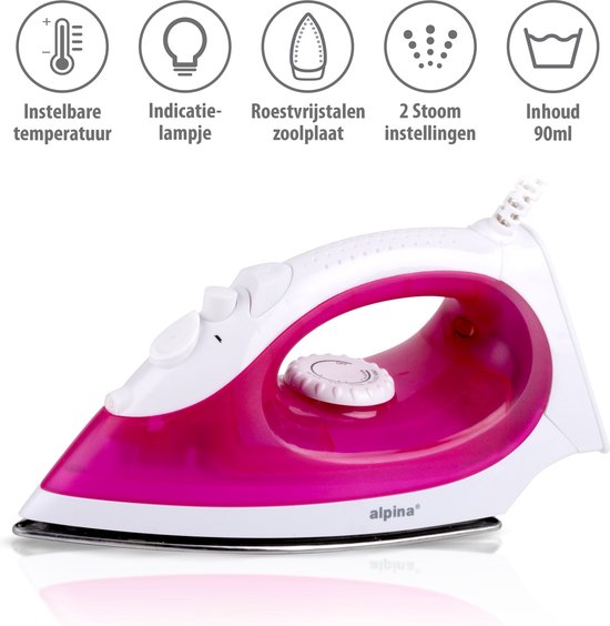 alpina Dampfbügeleisen - 2000 Watt - stufenlose Temperatur - Dampfstoß - Sprühfunktion - Edelstahlsohle - Pink