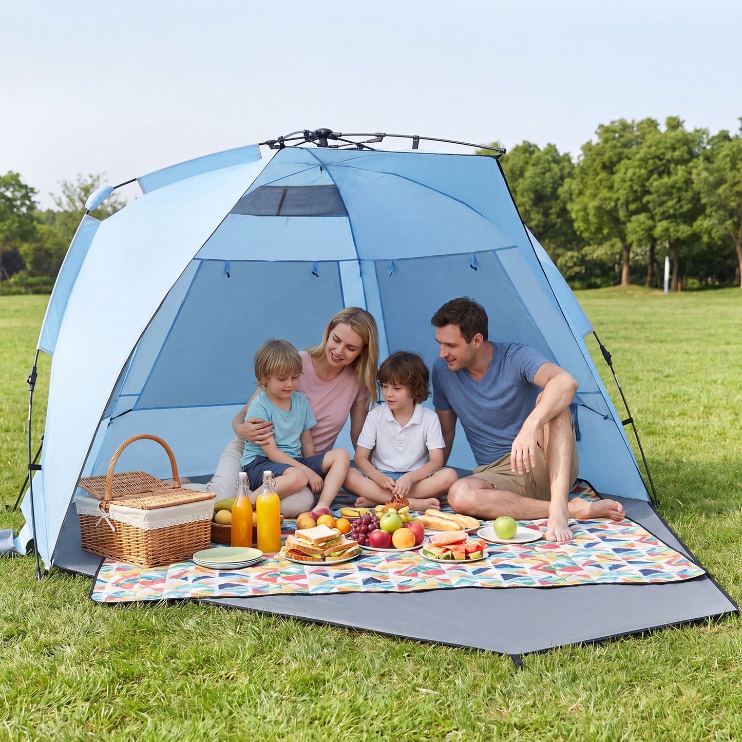 Coast Pop-up-Strandzelt für 3–4 Personen – Grau/Blau – 278 x 140 x 142 cm – inkl. Tragetasche, Heringe und Sandsäcke