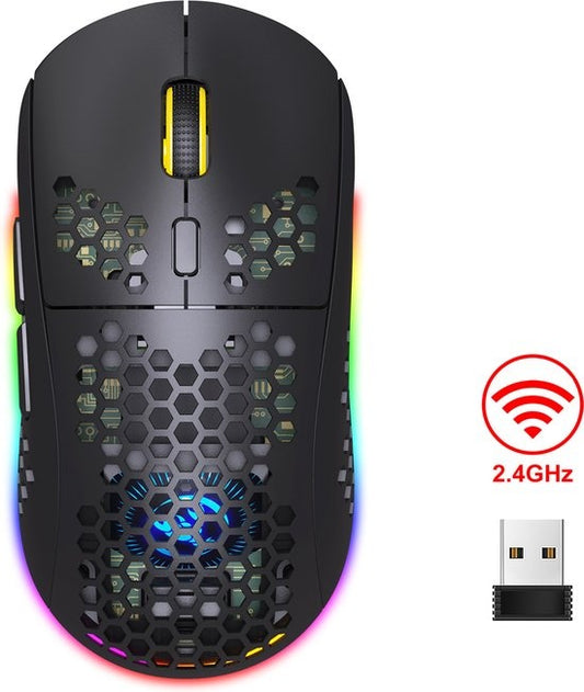 HXSJ T90 2.4G Wireless Gaming Mouse - Bluetooth - Computermäuse - Ultraleicht - RGB-Beleuchtung - Schwarz