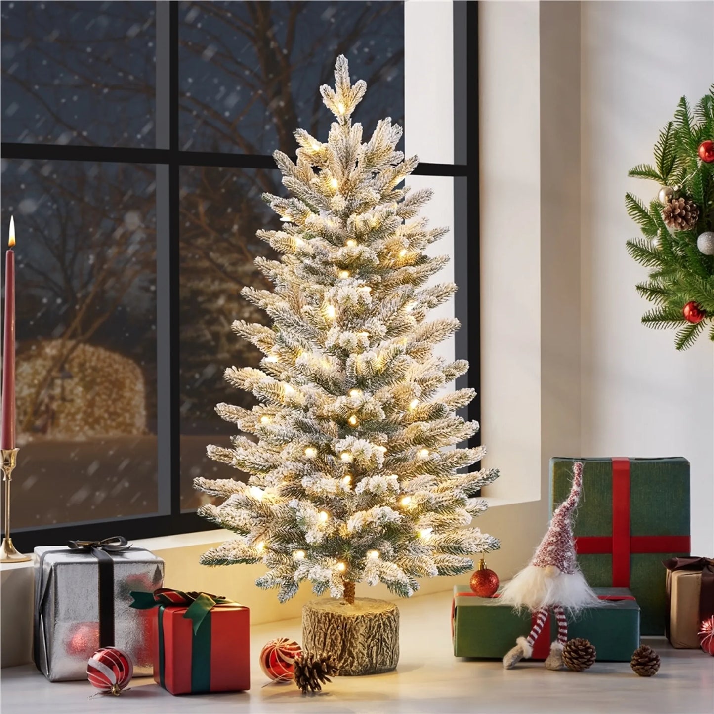 Yaheetech Tisch-Weihnachtsbaum mit Schnee und Lichtern - Φ55 x 92 cm - Mit 355 Zweigen und 50 LED-Lichtern und realistischem Stamm - Für Fensterbank und draußen - Grünes PVC und Metall