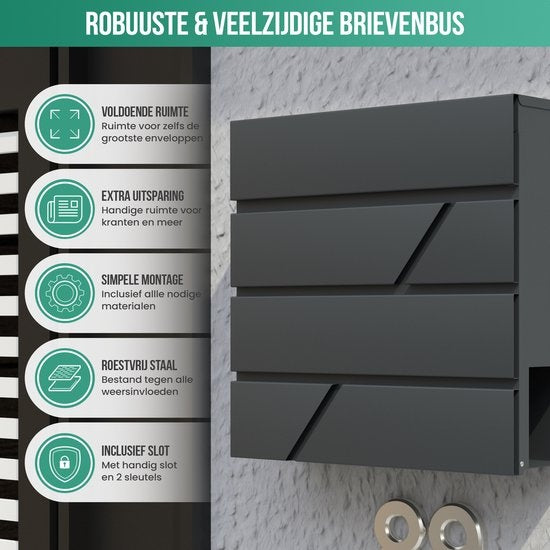 Avalo Briefkasten - Edelstahl - Mit Zeitungsfach & Schloss - Inkl. Montagematerial & 2 Schlüssel - Anthrazit