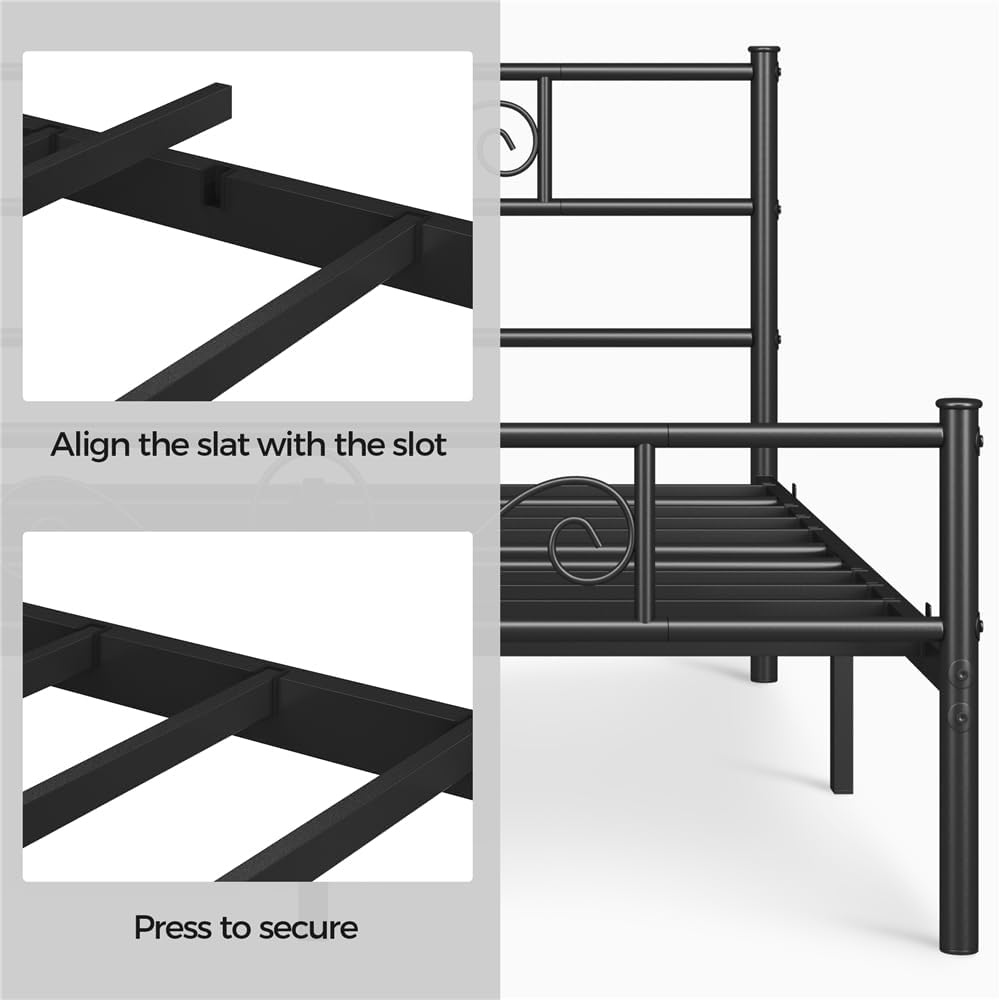 Yaheetech Metallbettgestell 140 x 200 cm – Schwarz – Modernes Kopfteil – Zusätzlicher Stauraum