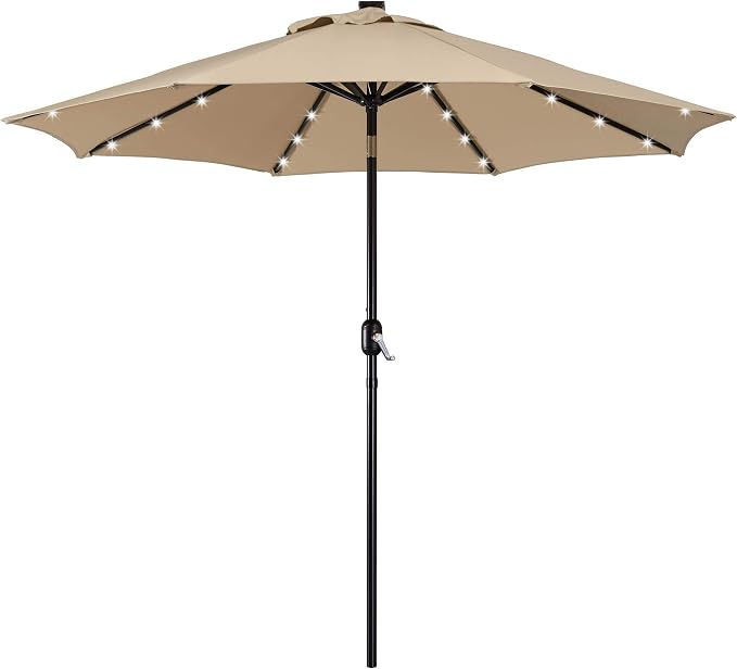 Yaheetech Sonnenschirm mit Solarbeleuchtung – 32 LED-Lämpchen – Ø 9 ft – Farbe: Tan