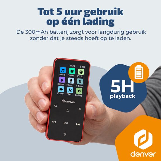 Denver MP3/MP4-Player – Bluetooth – Zufallswiedergabe/Wiederholung – SD-Karte bis zu 128 GB – inkl. Ohrhörer – Diktiergerät – MP1830R – Rot