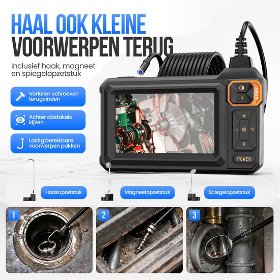 Strex Endoskop mit Bildschirm 5M – Inspektionskamera – Kanalinspektionskamera mit HD-Bild – IP67 wasserdicht – Einstellbare LED-Beleuchtung