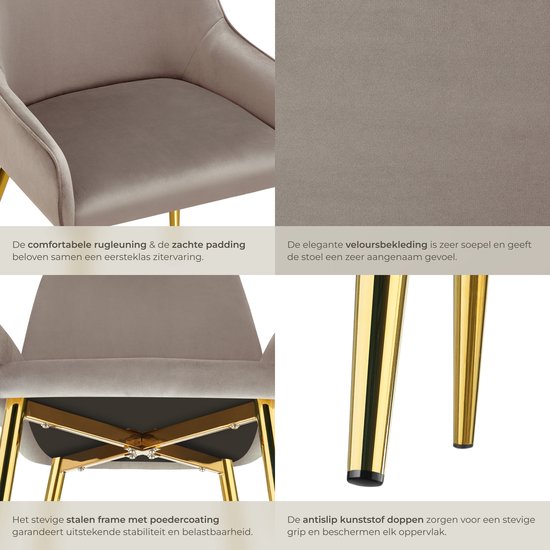 tectake® Esszimmerstuhl Avane - Samtoptik - Ergonomischer Polsterstuhl mit goldenen Stahlbeinen - Belastbarkeit 120 kg - Moderner Esszimmer- und Küchenstuhl - 2er Set - Taupe