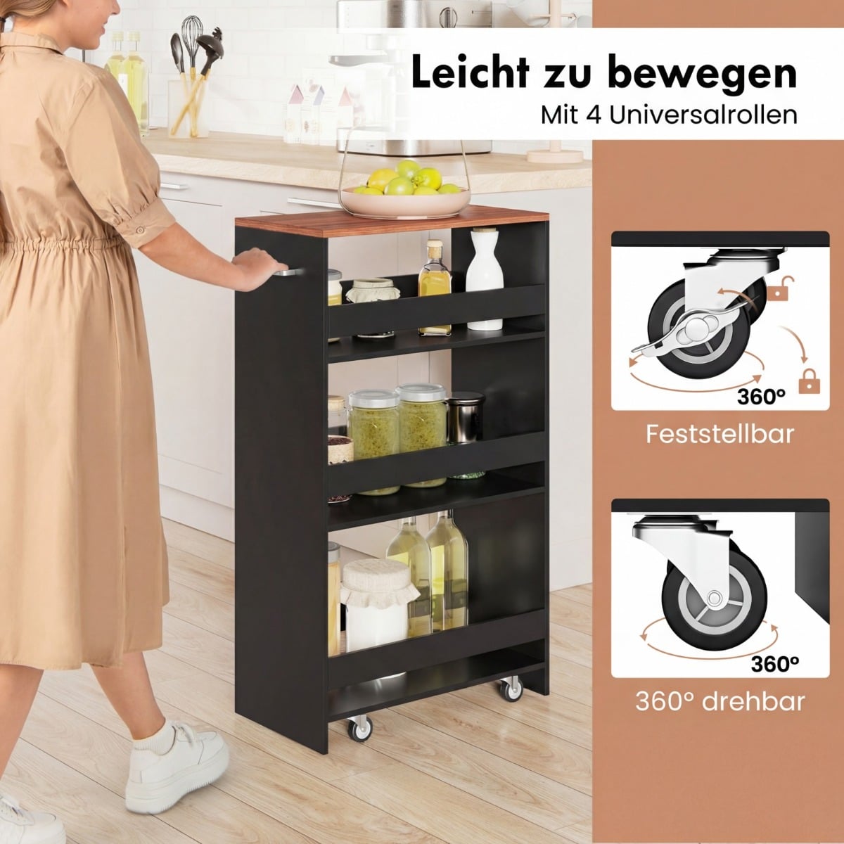 Coast schmaler Küchenwagen – 4-stöckiger Aufbewahrungswagen auf Rädern, 47,5 x 25 x 80,5 cm – Schwarz/Braun
