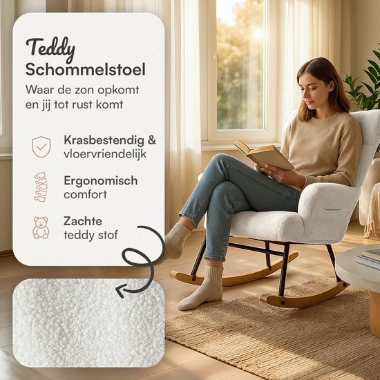 Flowsense Schaukelstuhl Teddy Weiß - Schaukelstuhl Erwachsene Baby - Stillstuhl Babyzimmer - Sessel mit Armlehne Design - Relaxsessel - Liegesessel