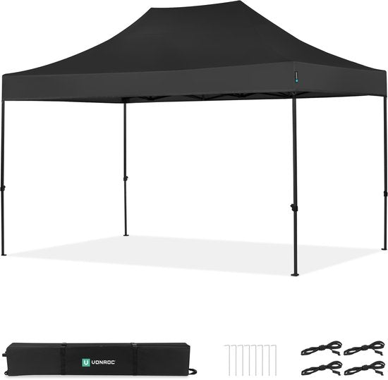 VONROC Partyzelt – 3 x 4,5 m – Premium-Easy-Up-Partyzelt – Modulares Design – Zusammenklappbar – Wasserdicht – Stahlrahmen – UV-Schutz 50+ – Inkl. Aufbewahrungstasche – Schwarz