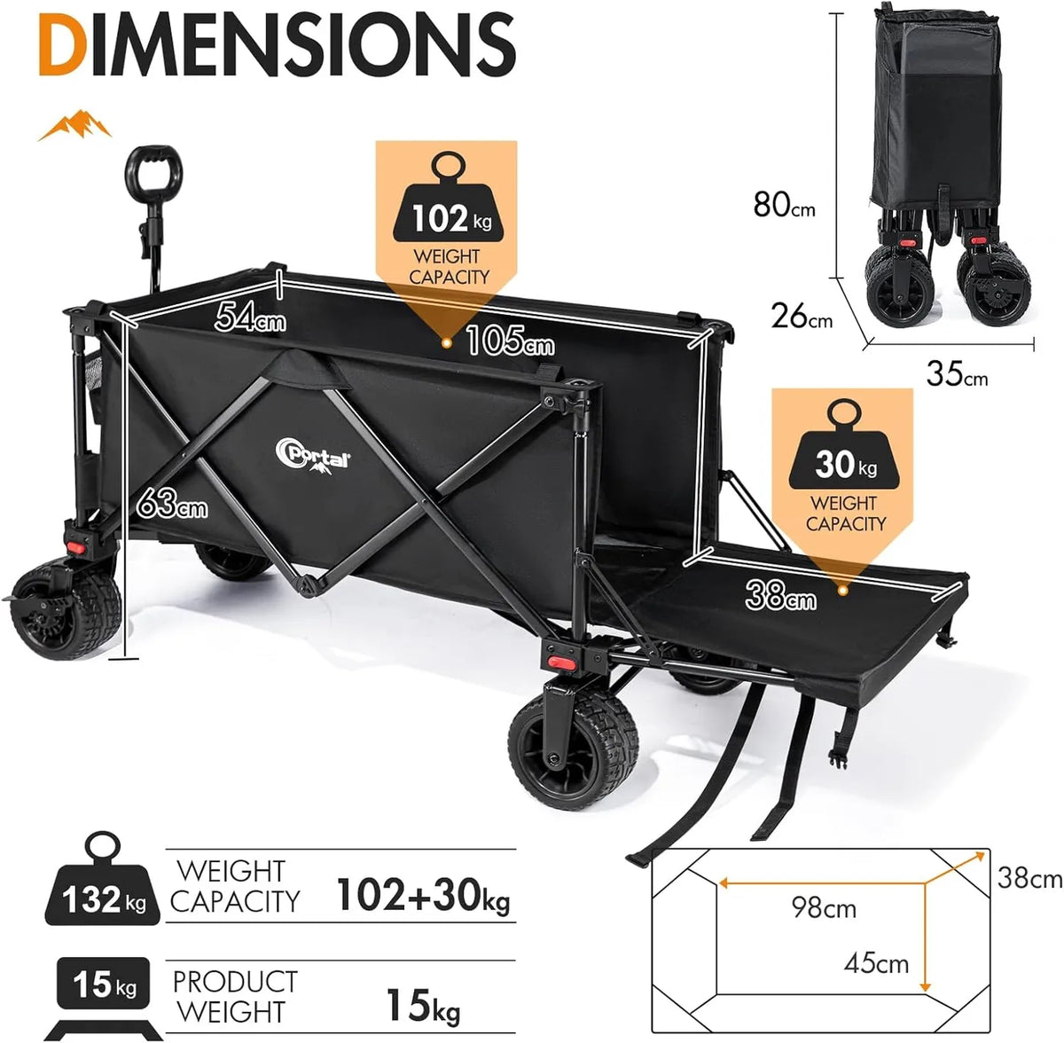 Portal 21813 Zusammenklappbarer Handwagen – bis zu 300 l – 105 × 54 × 63 cm – Schwarz
