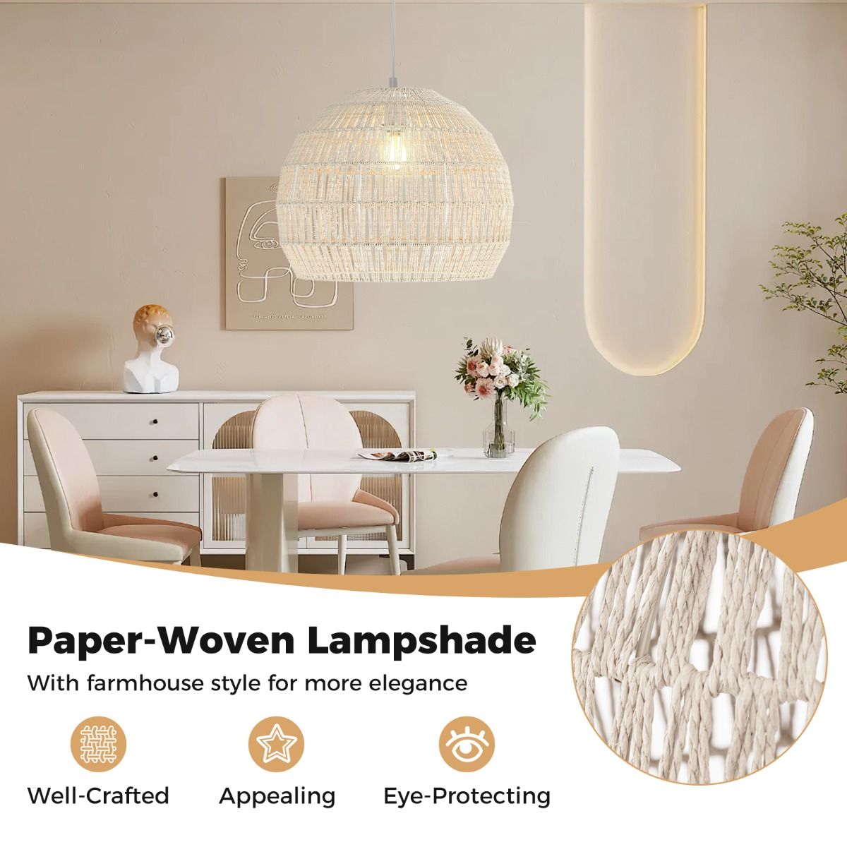 Coast Rotan Hängeleuchte – kugelförmiges Papierseil – höhenverstellbar – beige/braun