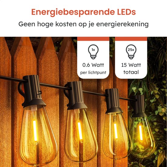Partizzle 15m LED Lichterkette Edison - 25 Lampen Girlande - Wasserfeste Lichtergirlande für Terrasse und Camping - Weihnachtsbeleuchtung / Gartenbeleuchtung - 2700k / Warmweiß