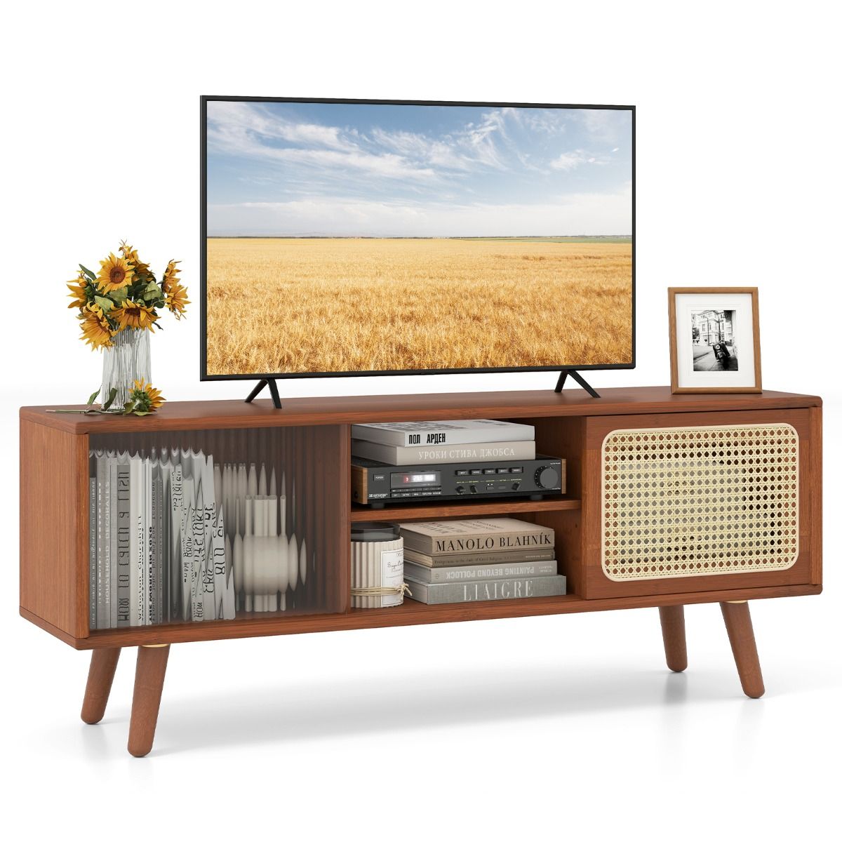Coast TV-Möbel – Bambus mit Schilf und Glasschiebetür – verstellbares Regal – braun – 120,5 x 31 x 45,5 cm