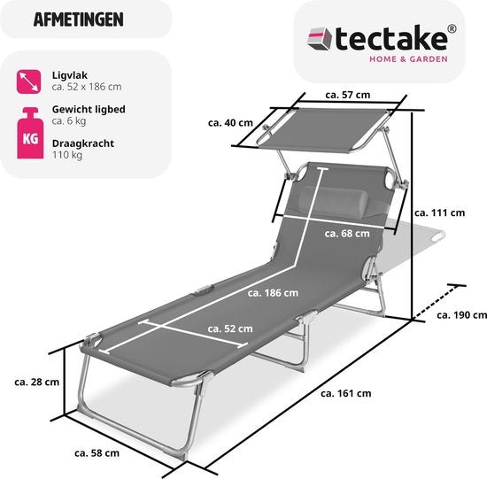 tectakeÂ® - Liege, robust, verstellbar, Stahlgestell mit Sonnenschirm, 4-fach verstellbare Rückenlehne inklusive Kissen, Strandkorb Ideal für Garten, Pool, Camping - grau